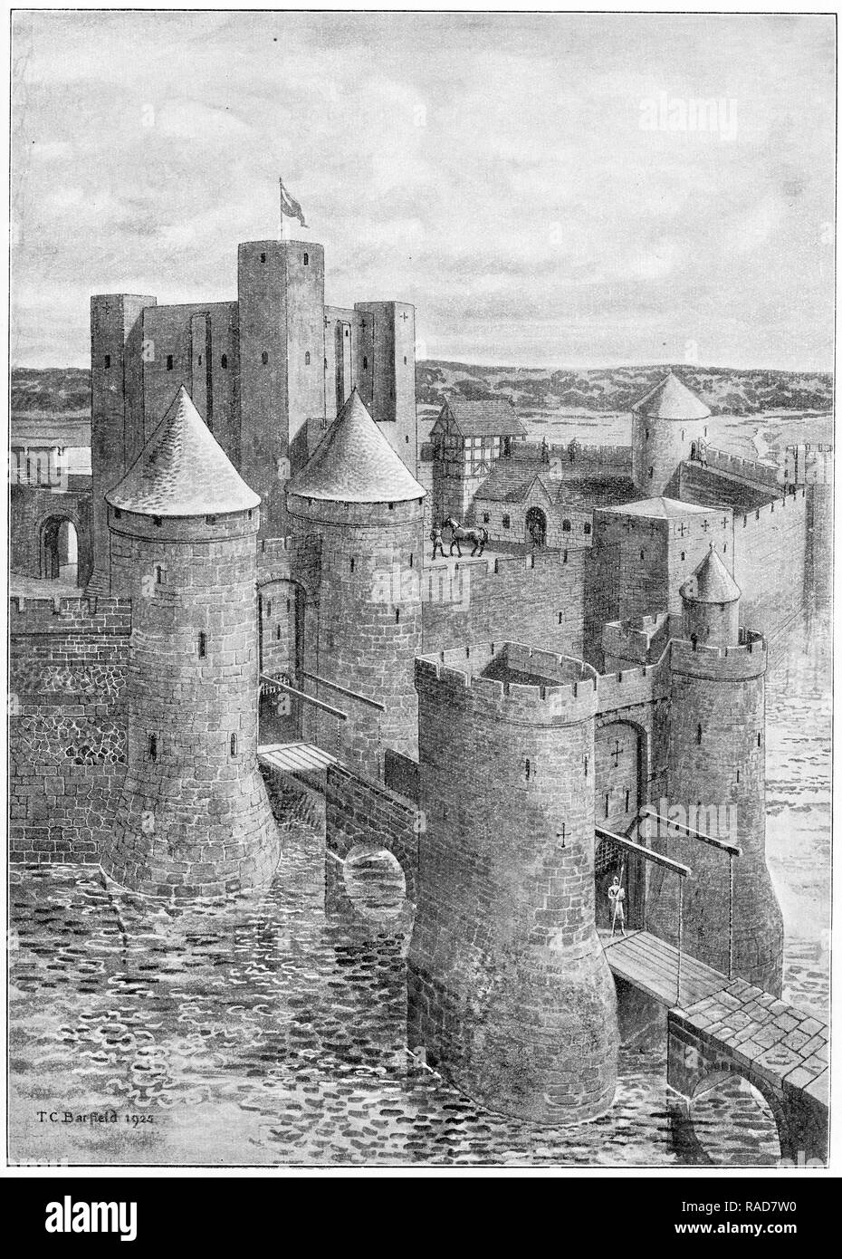 Incisione di un castello (XII secolo). Da un originale illustrazione nei ragazzi proprio esame annuale 1925. Foto Stock