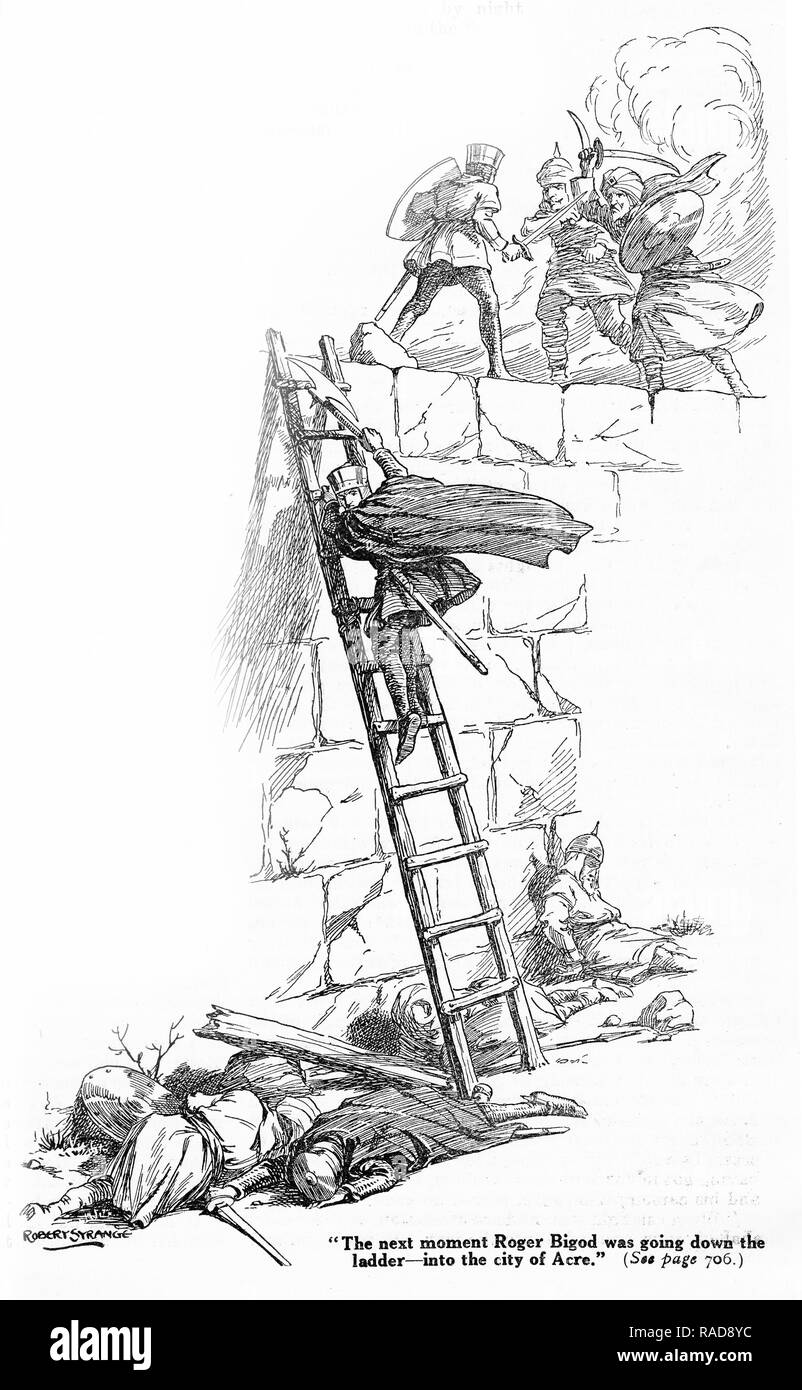 Incisione di un cavaliere crociato di entrare nella città di acro dopo un lungo assedio. Da un'incisione originale nei ragazzi proprio esame annuale 1925. Foto Stock