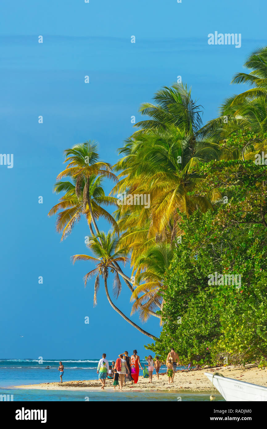 Tobago, West Indies, dei Caraibi. Ritratto di una famiglia godendo una giornata in spiaggia con il blu del cielo e mare turchese e palme ondeggianti. Ritratto Foto Stock