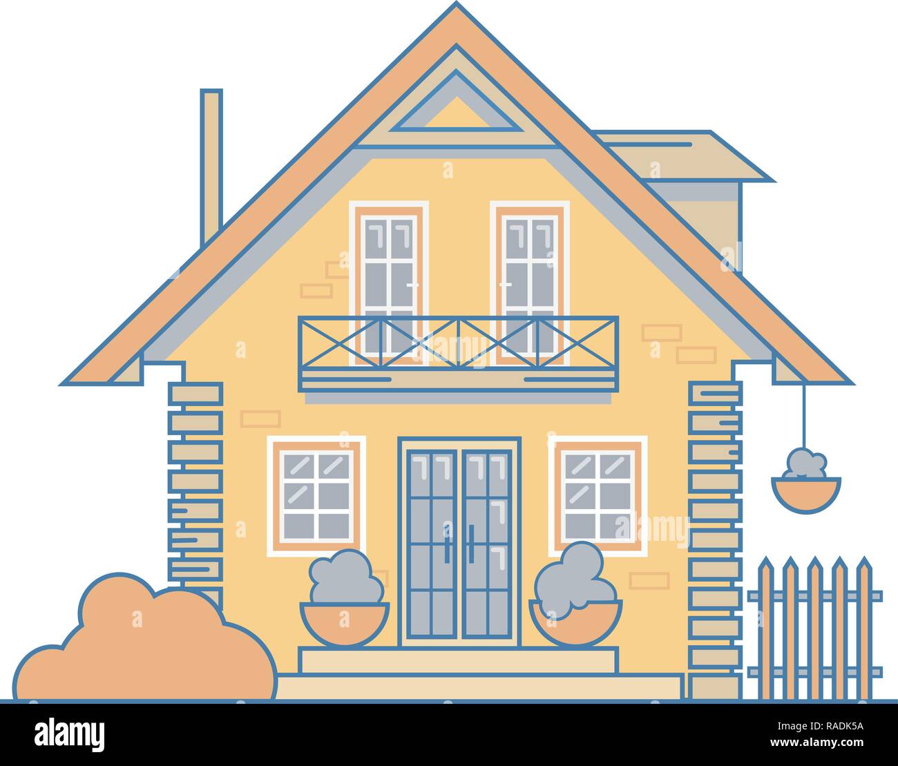 Mattone cosy cottage house con un balcone, soffitta, recinzione, bussole e grandi finestre. Illustrazione vettoriale EPS file 10. Illustrazione Vettoriale