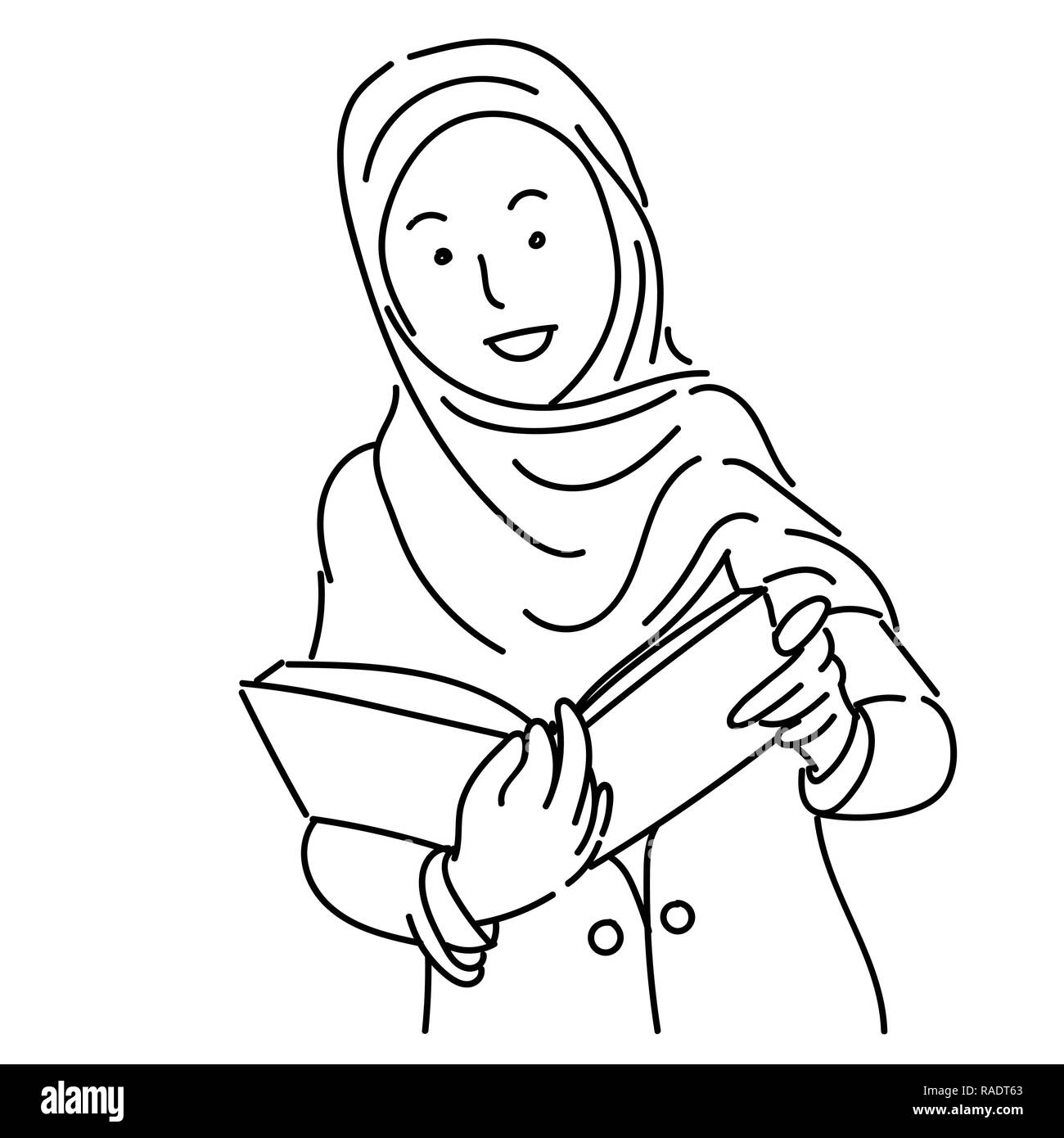 Le donne musulmane di indossare il hijab azienda prenota, Cartoon semplice lo stile di linea disegnata a mano per l'istruzione e la concezione di business - illustrazione vettoriale Illustrazione Vettoriale
