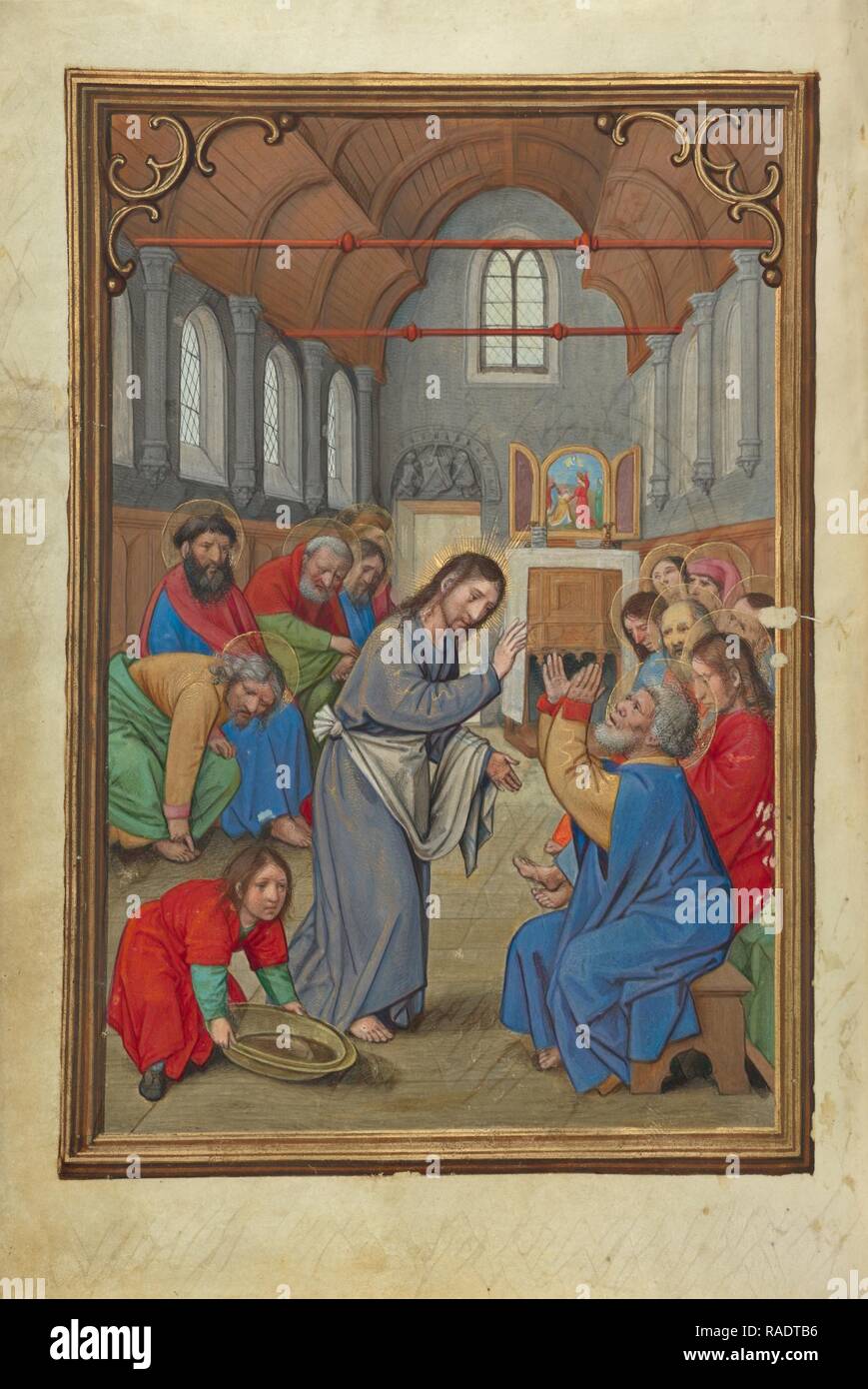 Cristo lavando i piedi agli Apostoli, Simon Bening (fiammingo, circa 1483 - 1561), Bruges, Belgio, circa 1525-1530 reinventato Foto Stock