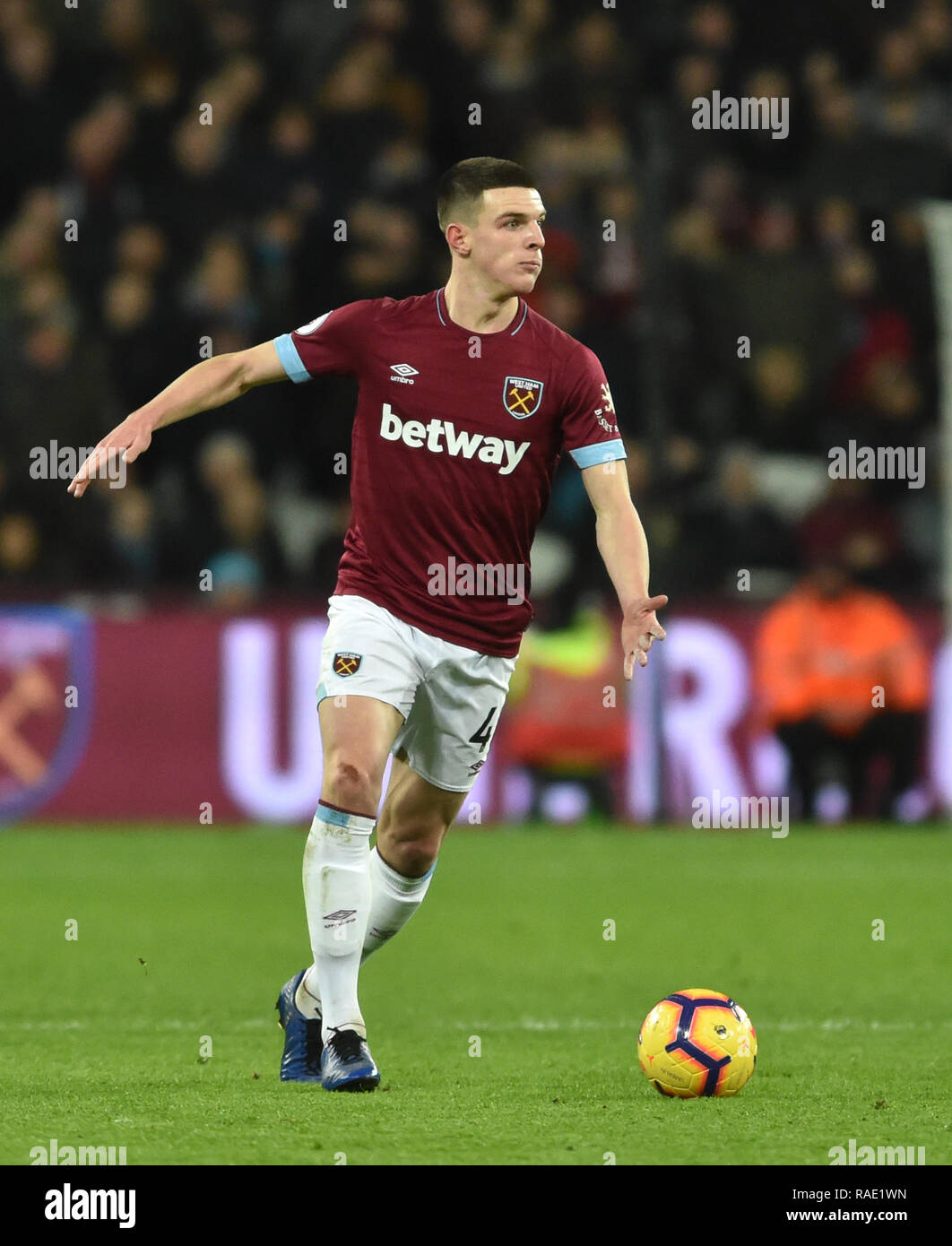 Declan riso del West Ham durante il match di Premier League tra il West Ham United e Brighton & Hove Albion presso il London Stadium . 02 Gennaio 2019 solo uso editoriale. No merchandising. Per le immagini di calcio FA e Premier League restrizioni si applicano inc. no internet/utilizzo mobile senza licenza FAPL - per i dettagli contatti Football Dataco Foto Stock