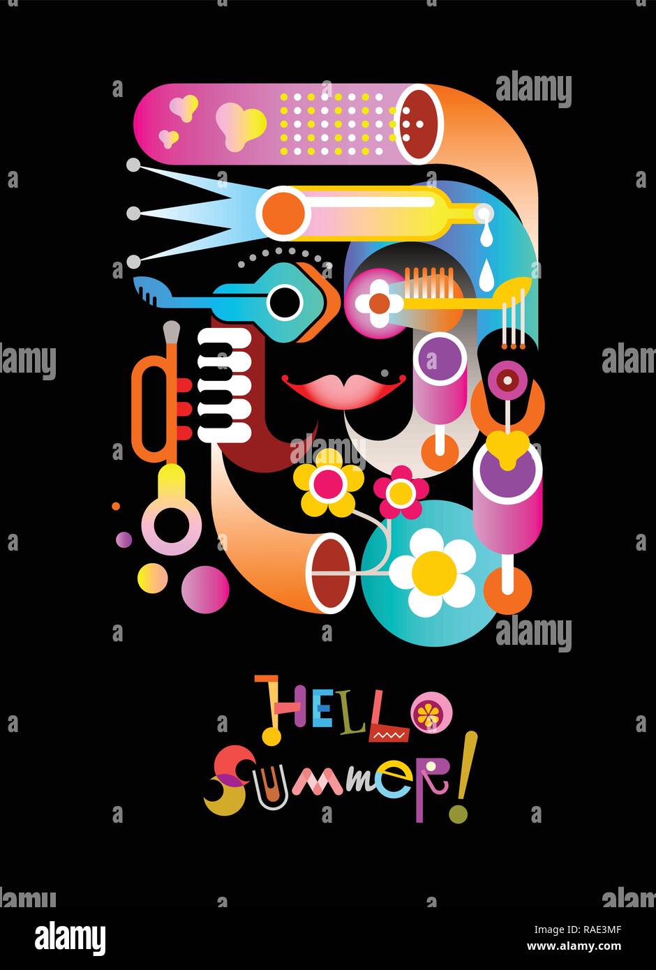Ciao Estate astratta design vettore isolato su uno sfondo nero. Ritratto collage con strumenti musicali, fiori e bicchieri di vino. Illustrazione Vettoriale