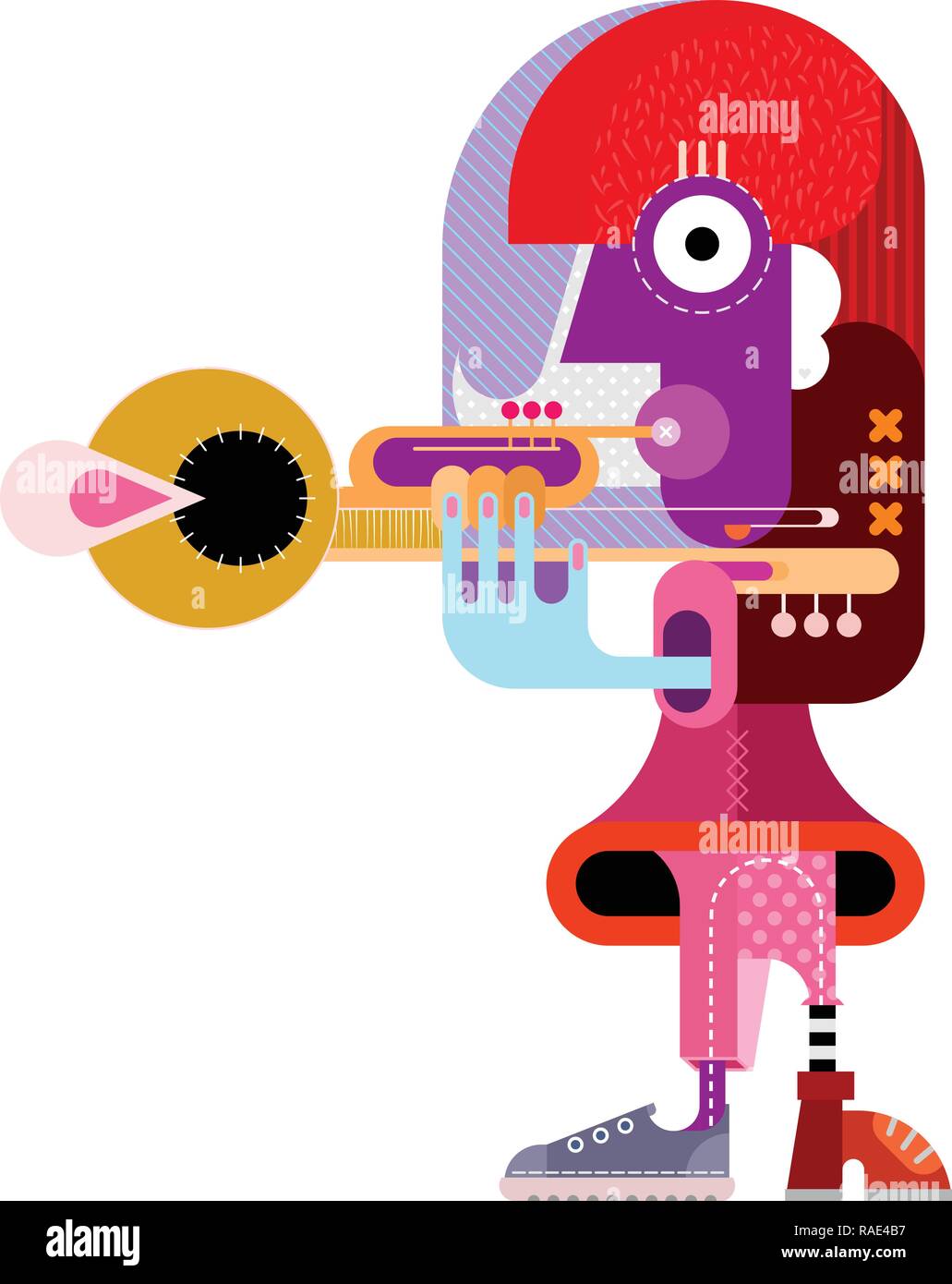 Colorato isolato su uno sfondo bianco donna a suonare la tromba illustrazione vettoriale. Illustrazione Vettoriale