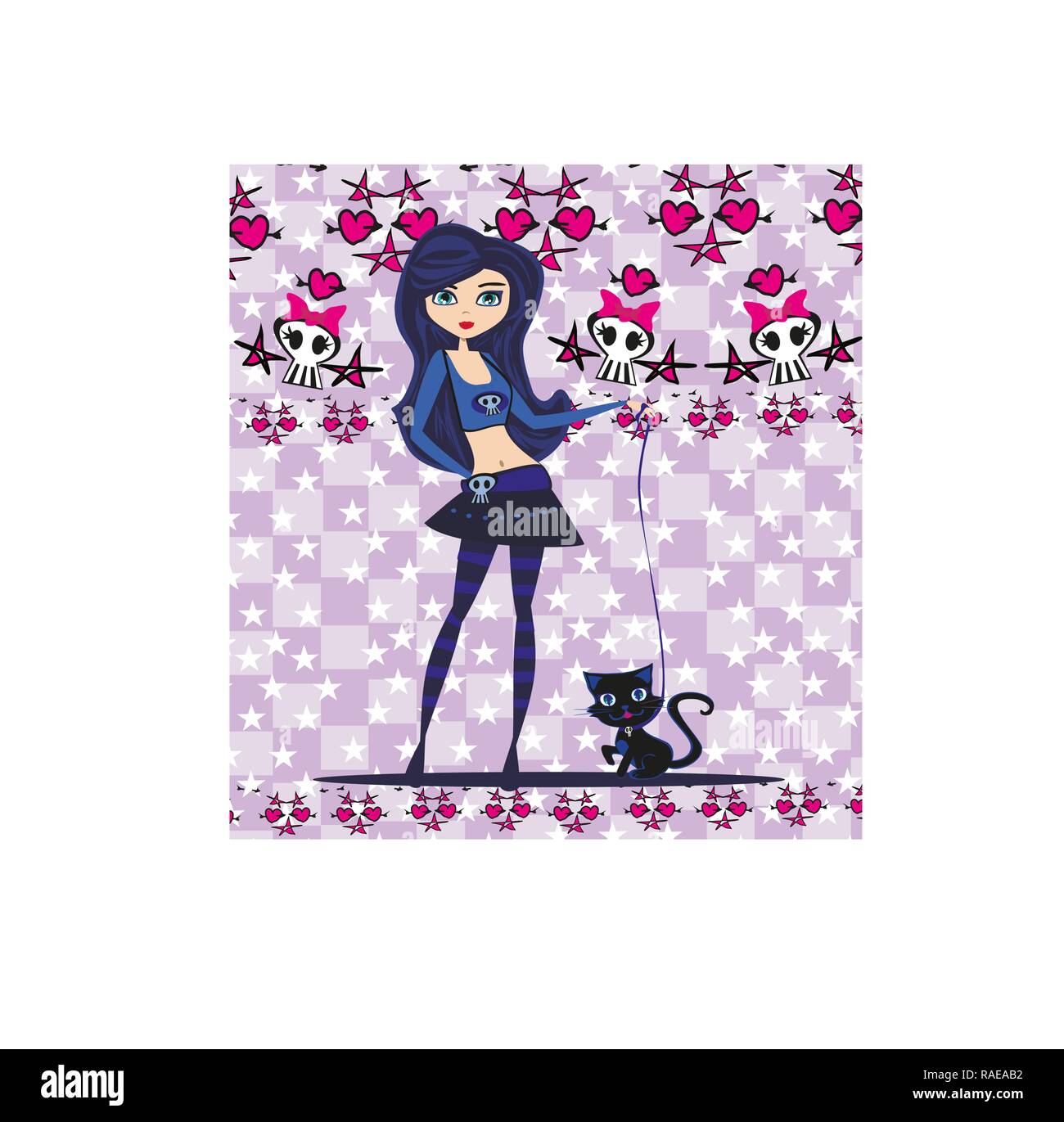 Emo ragazza e il suo gatto. Illustrazione Vettoriale