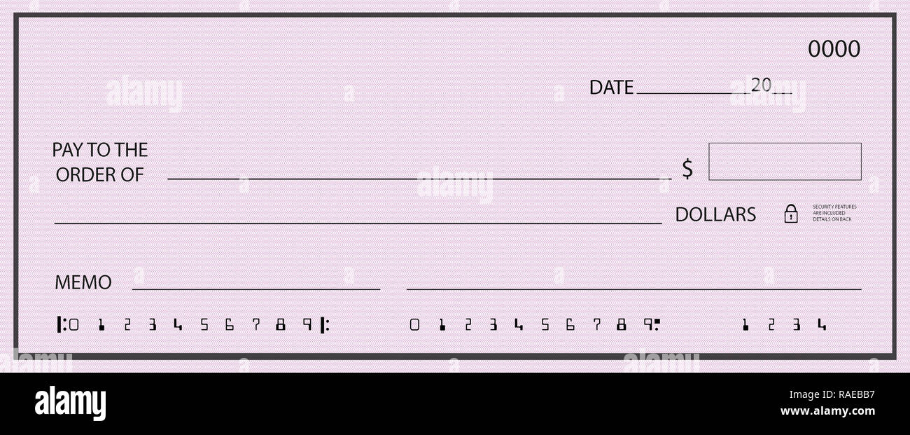 Assegno in bianco con sfondo generico e numeri falsi Foto Stock