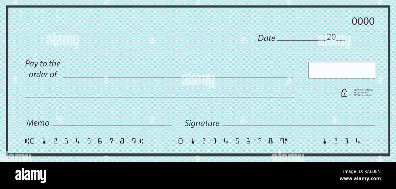 Assegno in bianco con sfondo generico e numeri falsi Foto Stock