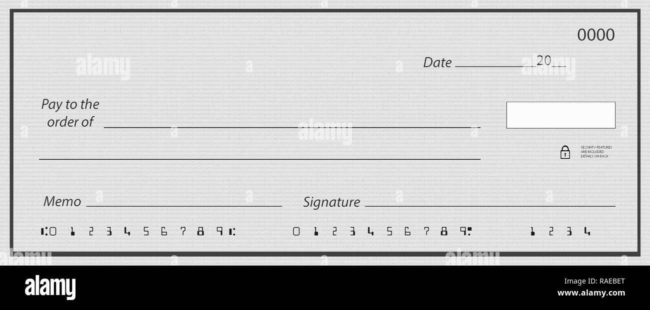 Assegno in bianco con sfondo generico e numeri falsi Foto Stock