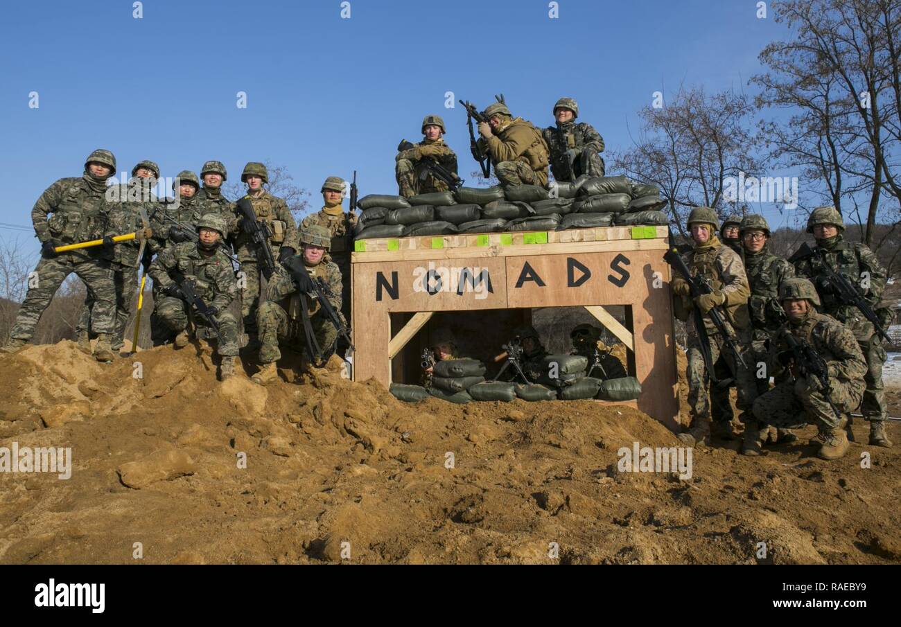 Stati Uniti Marines con 9 Supporto tecnico di battaglione, 3° Marine Logistics Group e Repubblica di Corea Marines con 1° Divisione ingegnere, posa per una Foto Stock
