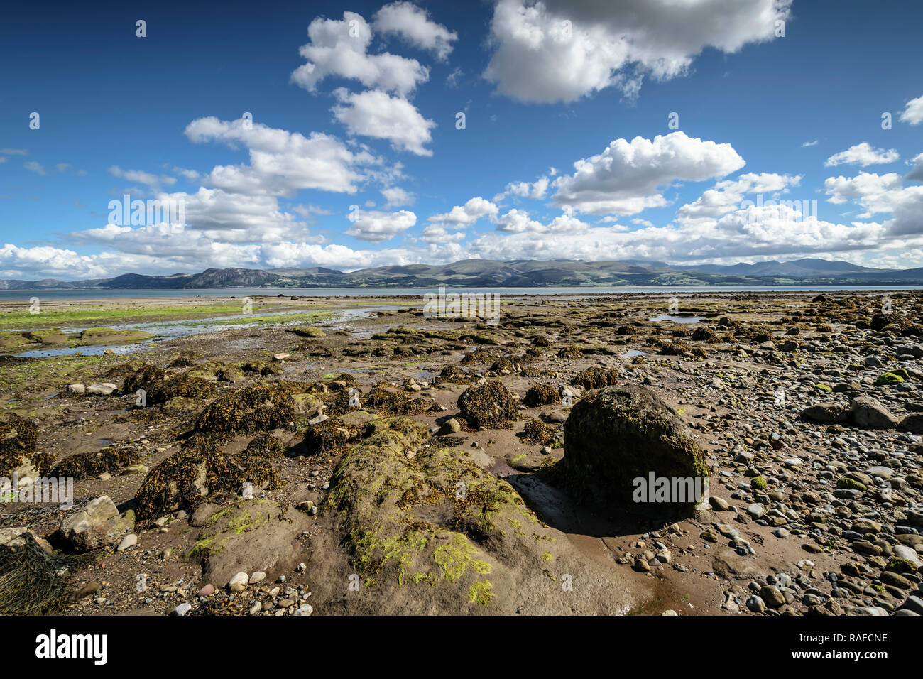 Menai Strait o strada Fryars guardando verso Lavan Sands sulla costa di Anglesey nel Galles del Nord e al Parco Nazionale di Snowdonia Foto Stock