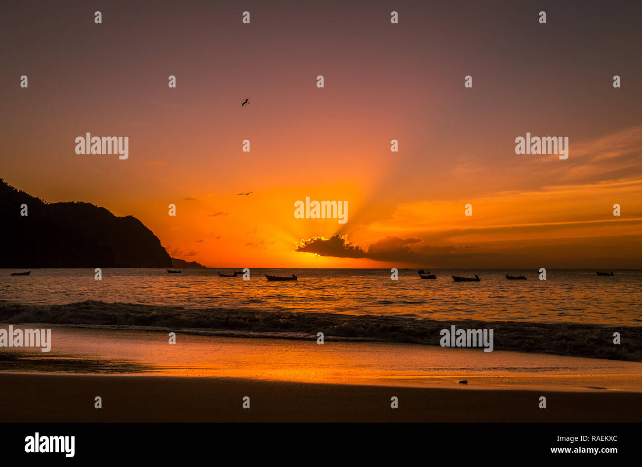 Tramonto sul piccolo e sperduto villaggio di Castara sulla bellissima isola di Tobago nei Caraibi con uccelli marini e ormeggiate barche da pesca. Paesaggio Foto Stock