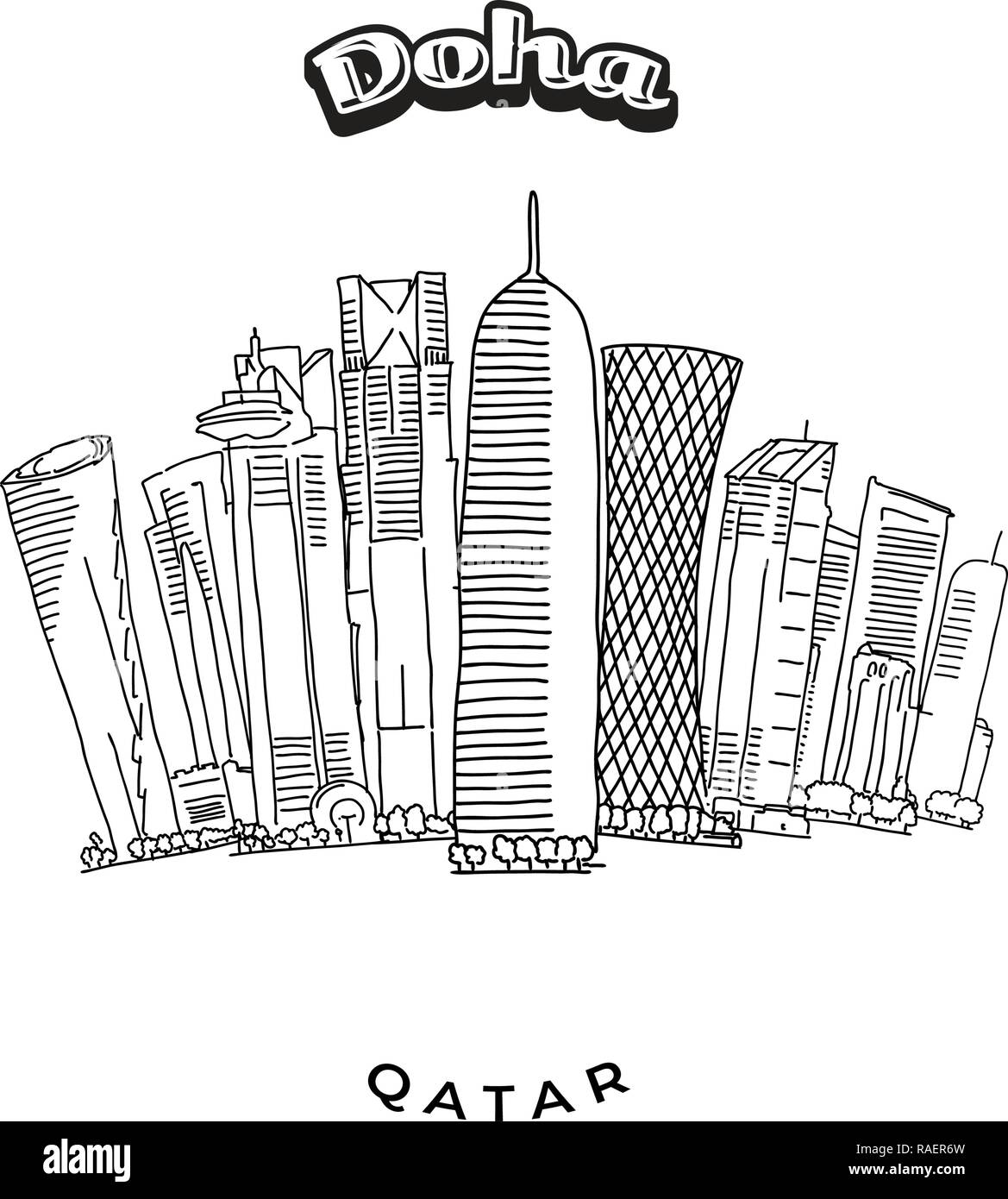 Torri di Doha Skyline. Disegnate a mano illustrazione vettoriale. Famose destinazioni di viaggio serie. Illustrazione Vettoriale