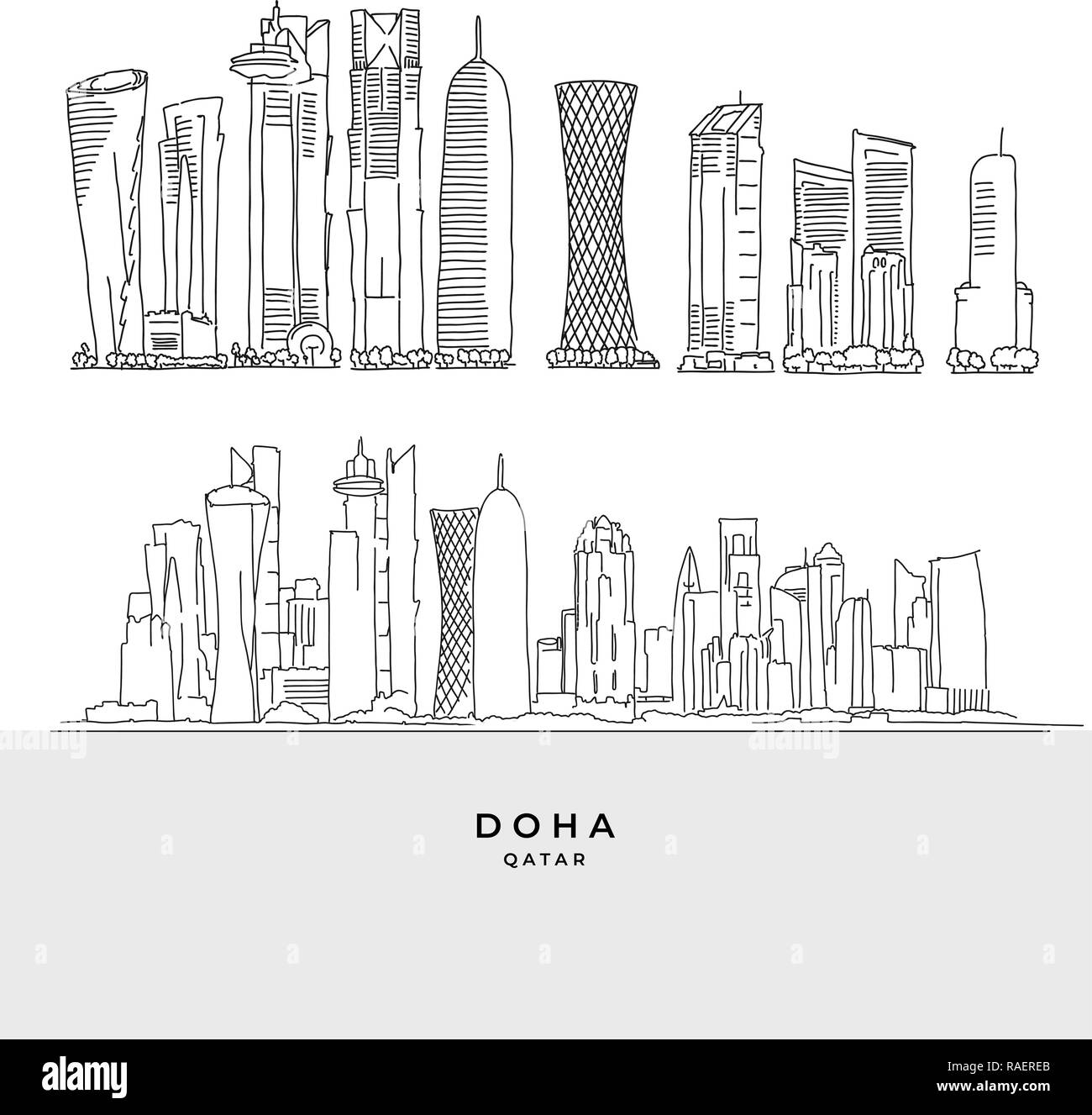 Doha in Qatar skyscaper set. Disegnate a mano illustrazione vettoriale. Famose destinazioni di viaggio serie. Illustrazione Vettoriale