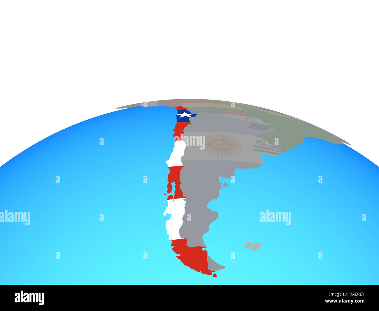 Il Cile con bandiera nazionale sul globo politico. 3D'illustrazione. Foto Stock