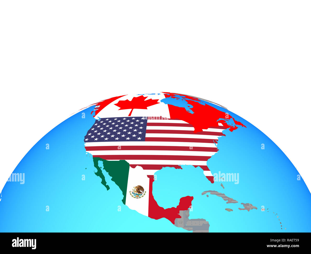 Il NAFTA memeber membri con bandiere nazionali sul globo politico. 3D'illustrazione. Foto Stock