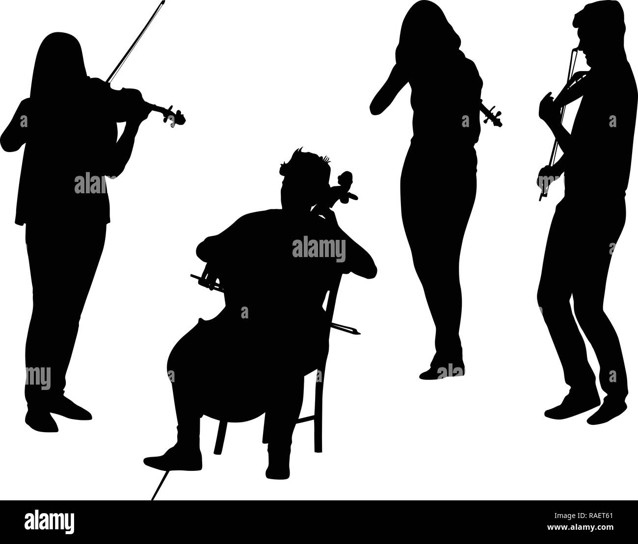 Tre ragazze e un ragazzo a suonare il violino e una ragazza violoncello Illustrazione Vettoriale