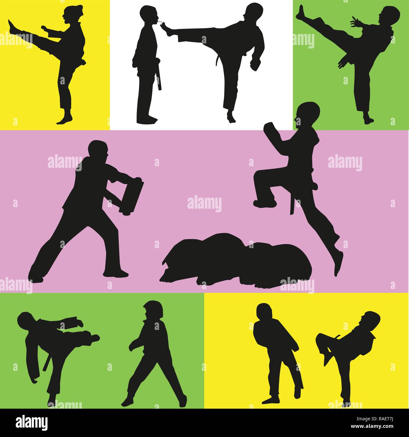 Taekwondo training con un pullman, i ragazzi e le ragazze Illustrazione Vettoriale