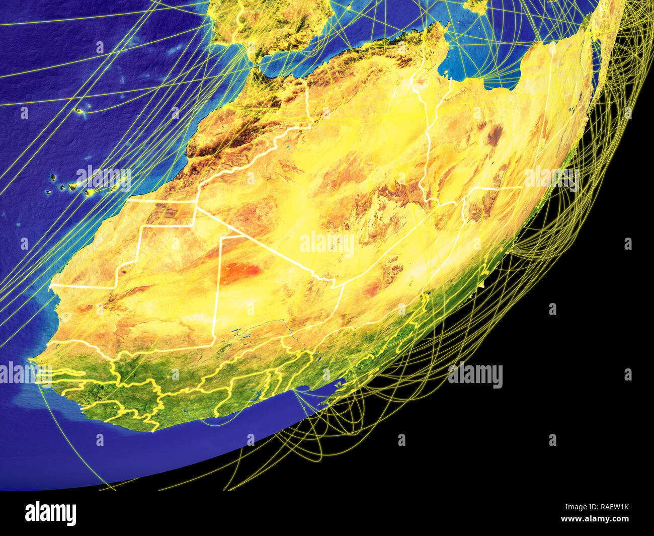 Regione del Maghreb dallo spazio sul pianeta terra con i confini e collegamenti internazionali in rappresentanza di viaggi, la comunicazione. 3D'illustrazione. Elem Foto Stock