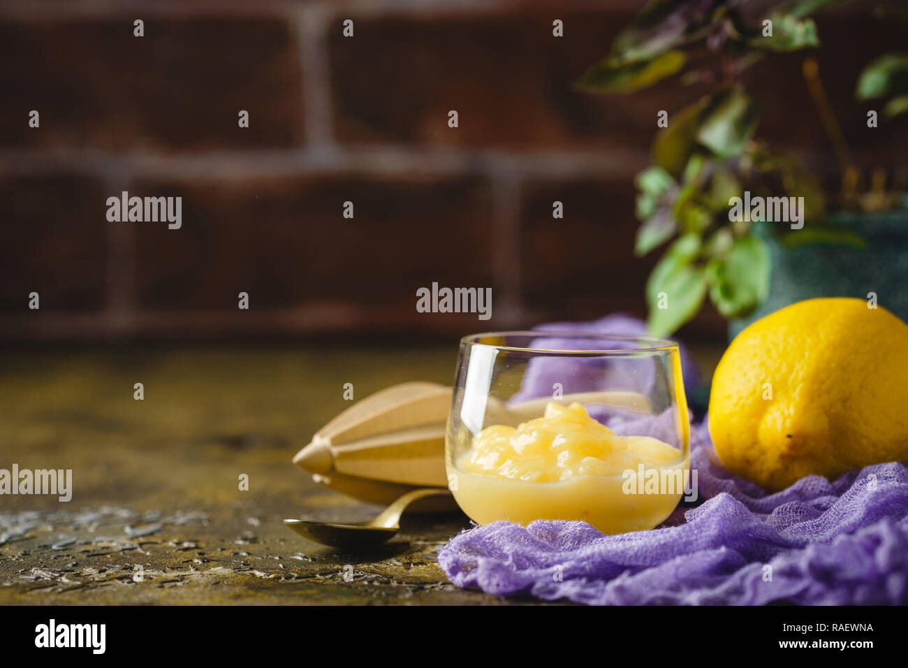 Delizioso il limone curdi, limone fresco e una centrifuga di legno su una tavola di legno Foto Stock