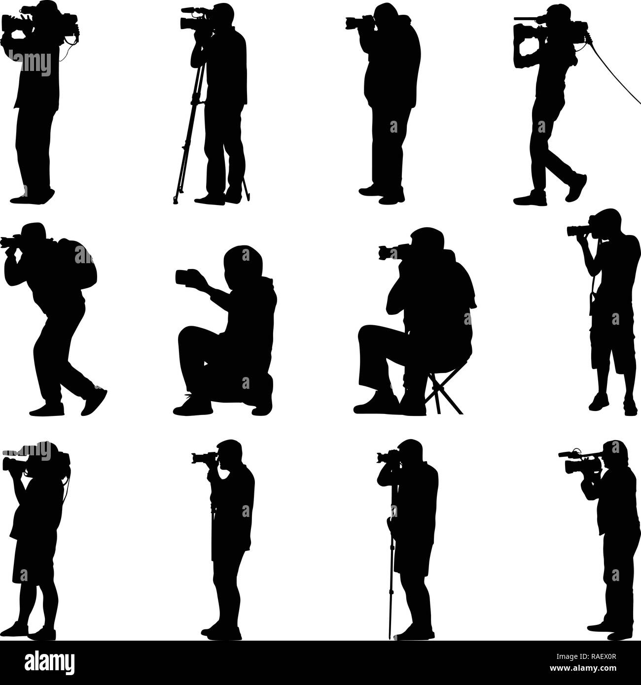 Dodici fotografi in diversi possiedono il vettore silhouette Illustrazione Vettoriale