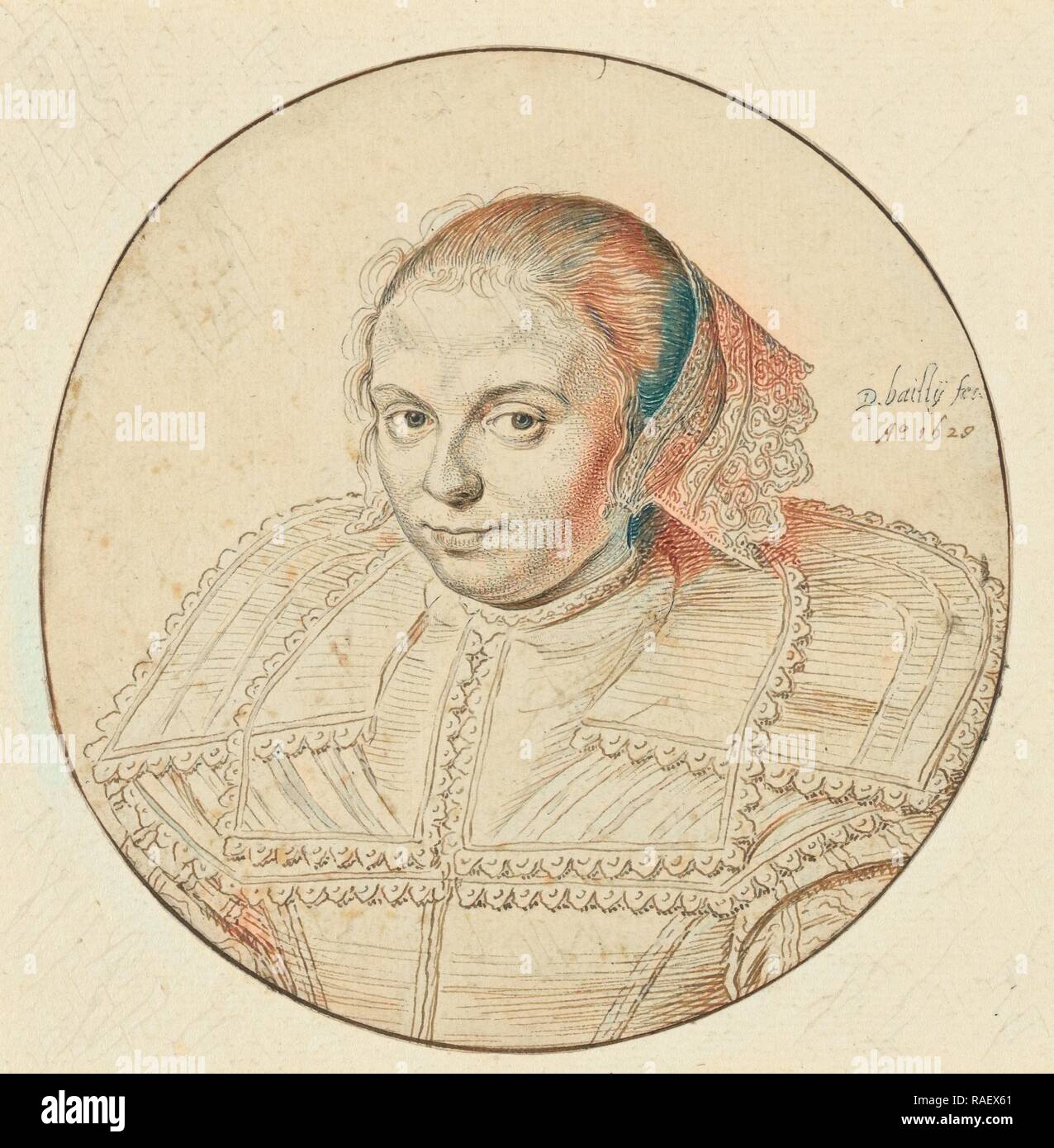 Ritratto di una donna, David Bailly (Olandese, 1584 - 1657), Paesi Bassi, 1629, penna e marrone chiaro e scuro inchiostro, framing reinventato Foto Stock