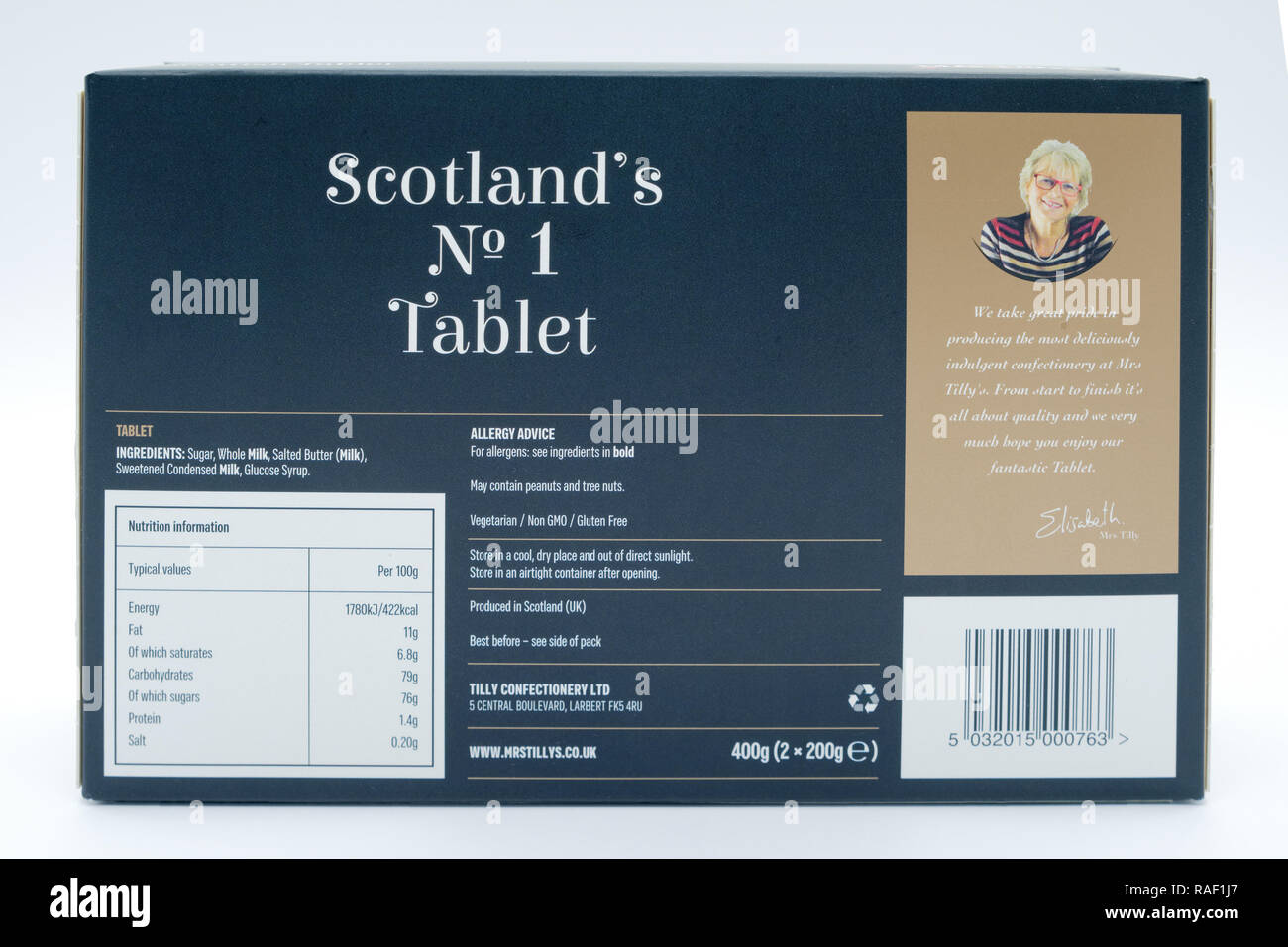 Largs, Scotland, Regno Unito - 02 Gennaio 2018: onorevole Tilly's casella di marca di pastiglia in imballaggi riciclabili in linea con gli attuali orientamenti del Regno Unito e di iniziative. Foto Stock