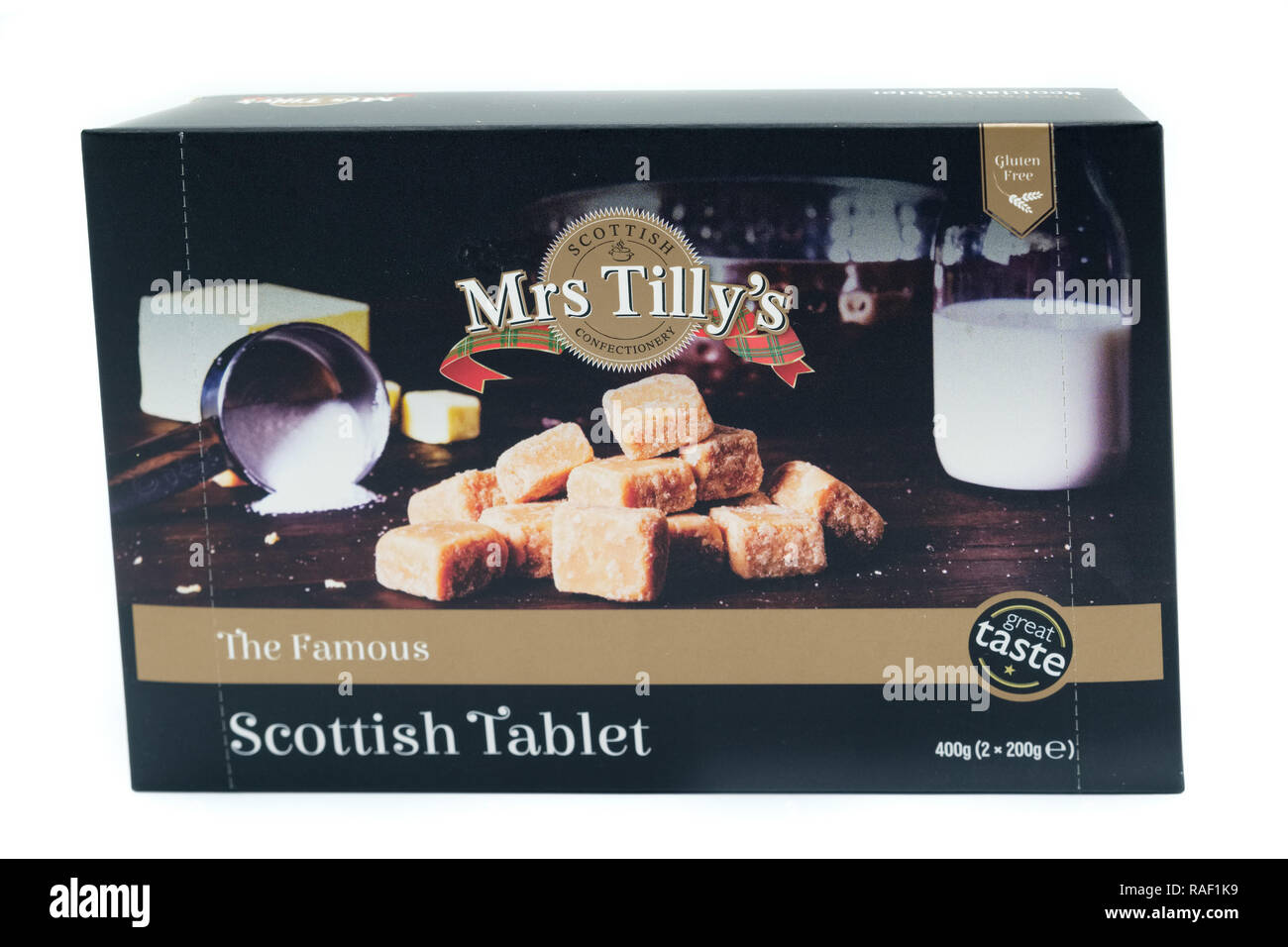 Largs, Scotland, Regno Unito - 02 Gennaio 2018: onorevole Tilly's casella di marca di pastiglia in imballaggi riciclabili in linea con gli attuali orientamenti del Regno Unito e di iniziative. Foto Stock