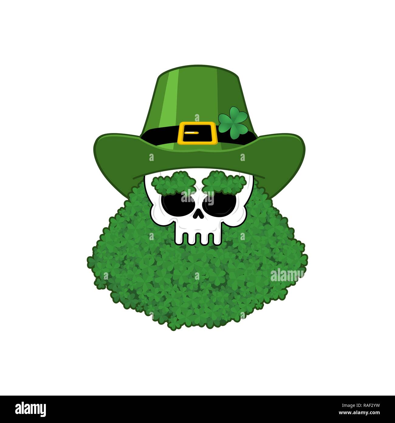 Cranio di Leprechaun in barba Shamrock. Testa di scheletro. Vacanza in Irlanda. St.Patrick 's Day. Irlandese tradizionale vacanza. Illustrazione Vettoriale