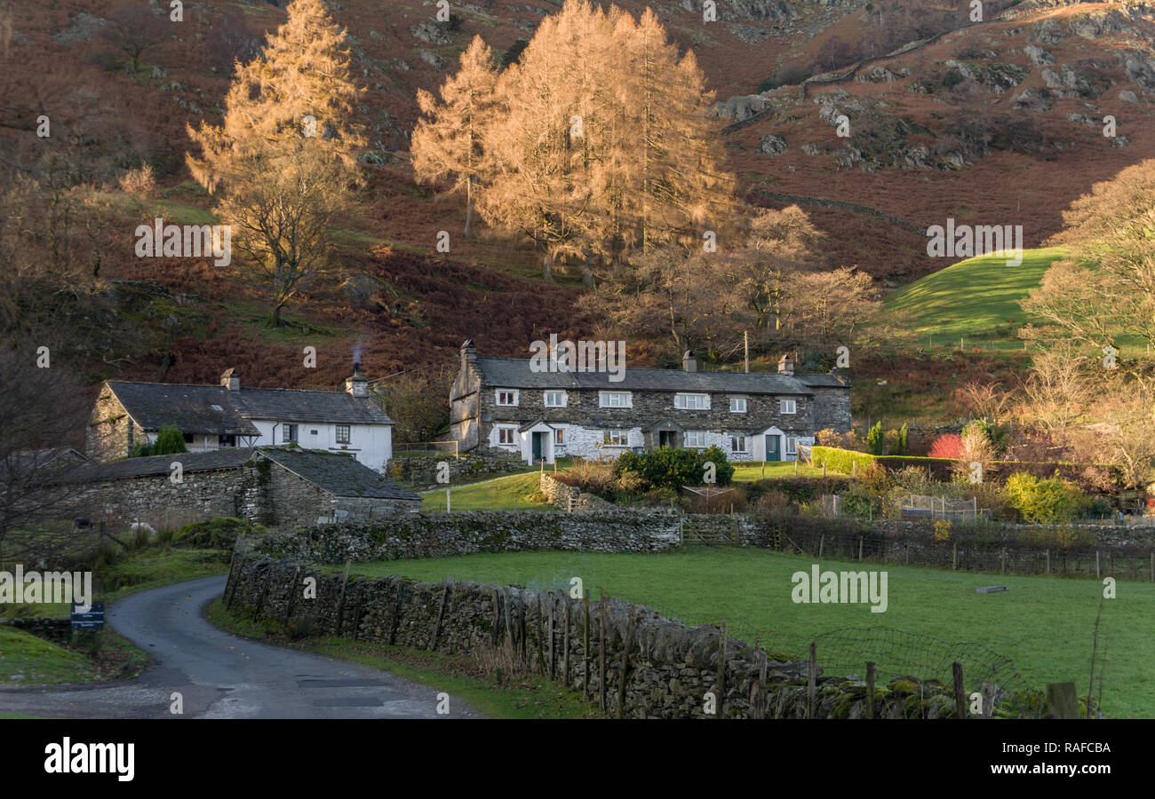 Tradizionale Lakeland cottages a bassa Tilberthwaite in Cumbria Foto Stock