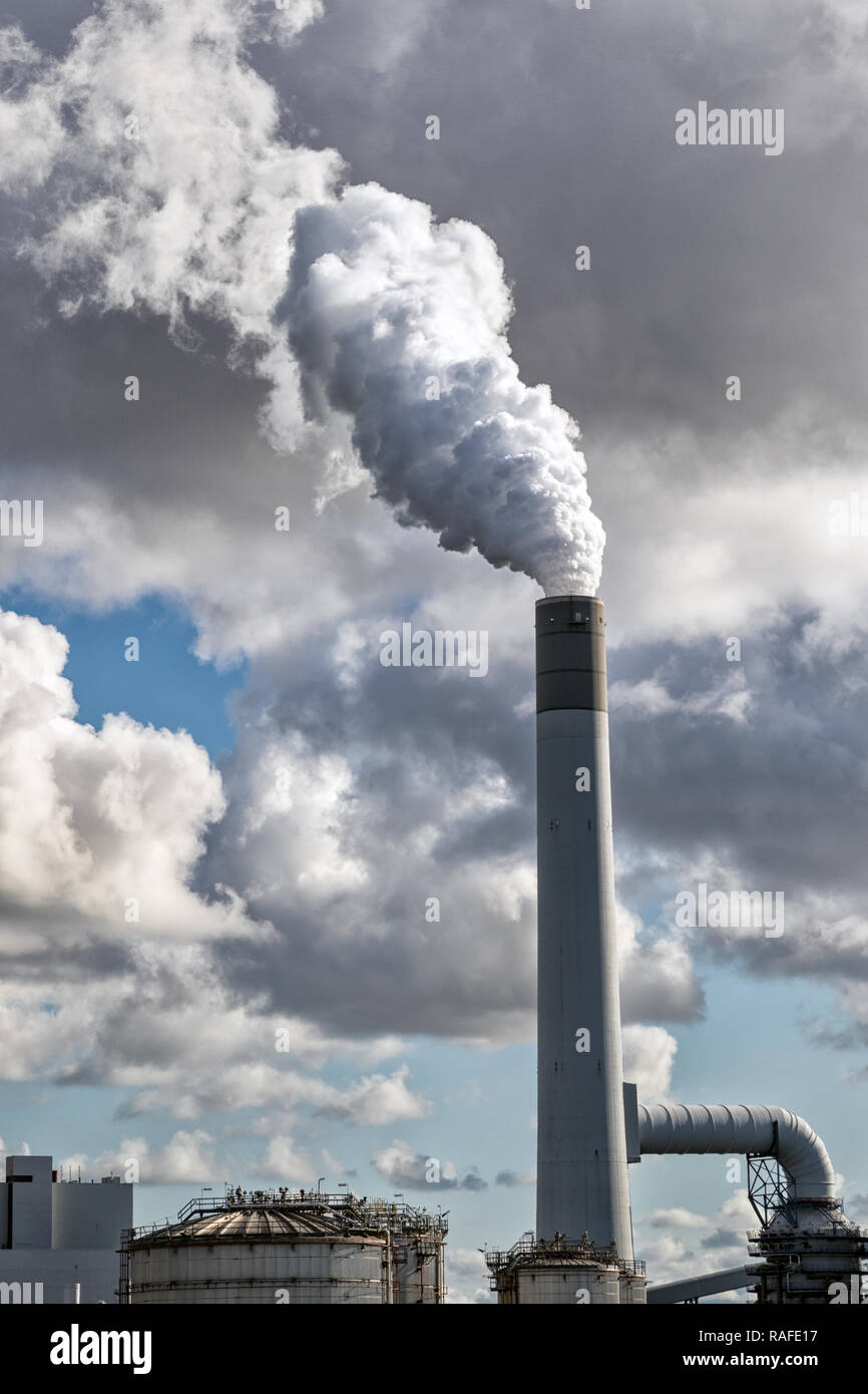 Inquinamento atmosferico da un carbone fossile bruno power station camino. Foto Stock
