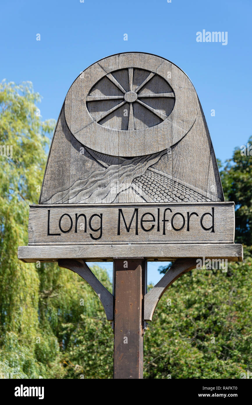 Segno di villaggio, la Verde, Long Melford, Suffolk, Inghilterra, Regno Unito Foto Stock