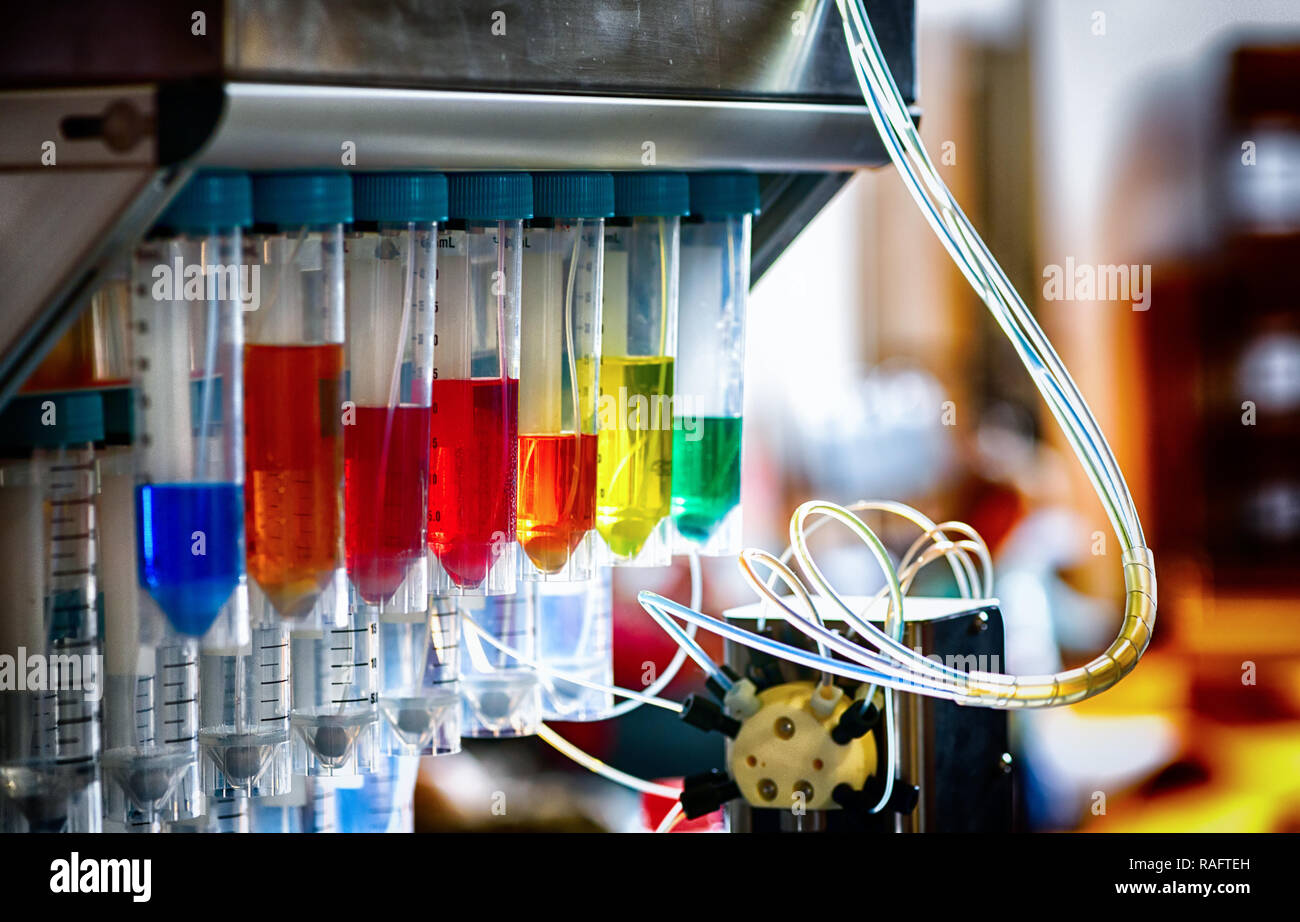 Plastica tubi di prova in una macchina automatica per l'analisi del campione Foto Stock