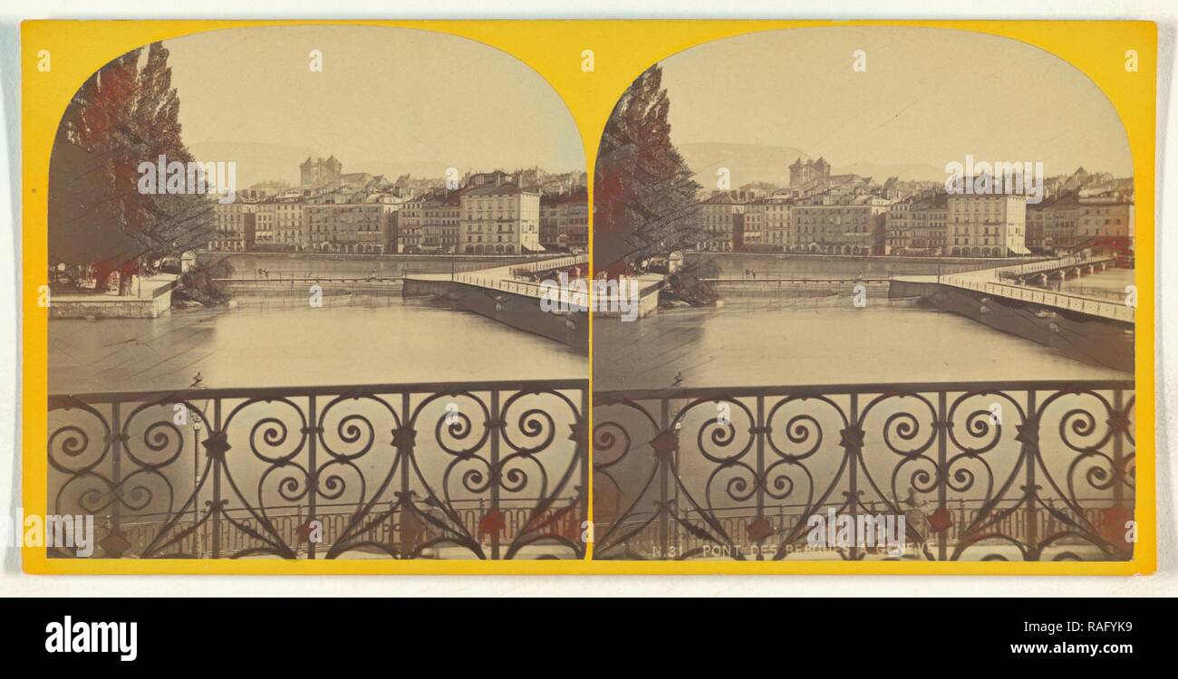 Pont des Bergues a Geneve, circa 1865, albume silver stampa, Svizzera. Reinventato da Gibon. Arte Classica con un reinventato Foto Stock
