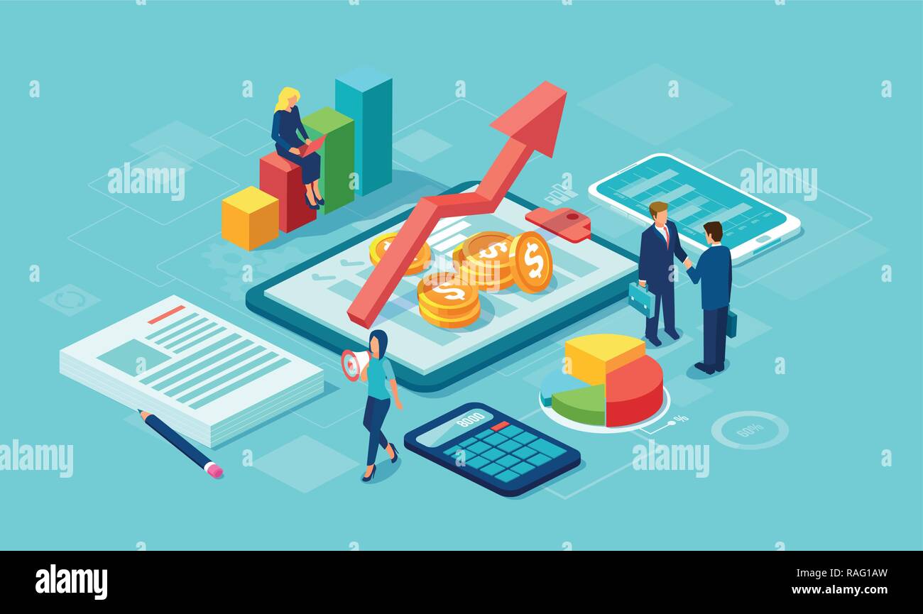 Il vettore di dati il concetto di analisi con il team di imprenditori di successo crescente business utilizzando la moderna tecnologia gadget Illustrazione Vettoriale