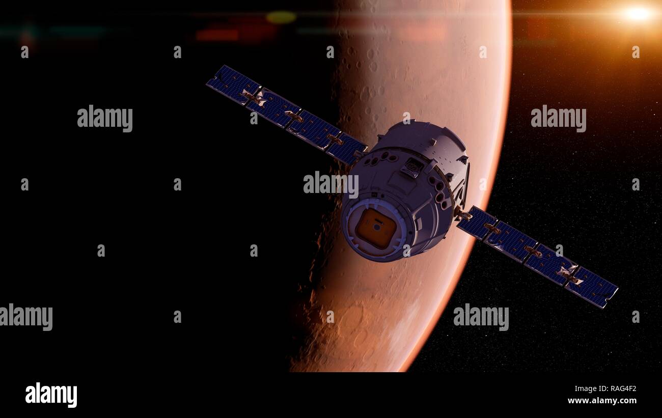 Illustrazione di un satellite nella parte anteriore del Marte. Foto Stock