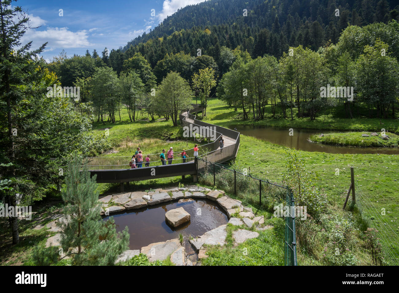 I visitatori a camminare sul marciapiede attraverso il grande contenitore di animale allo zoo Aran Park, il giardino zoologico a Bossost, Lleida, Pirenei, Catalogna, Spagna Foto Stock