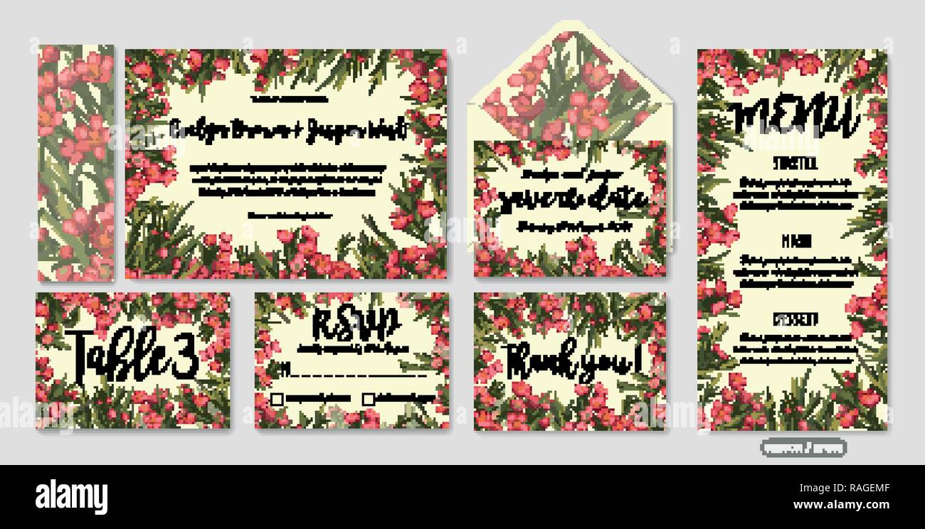 Set di vettore di invito a nozze modelli con foglie e fiori di cera e il luogo per il testo. Salvare la data, la ringrazio, RSVP, amore. Illustrazione Vettoriale