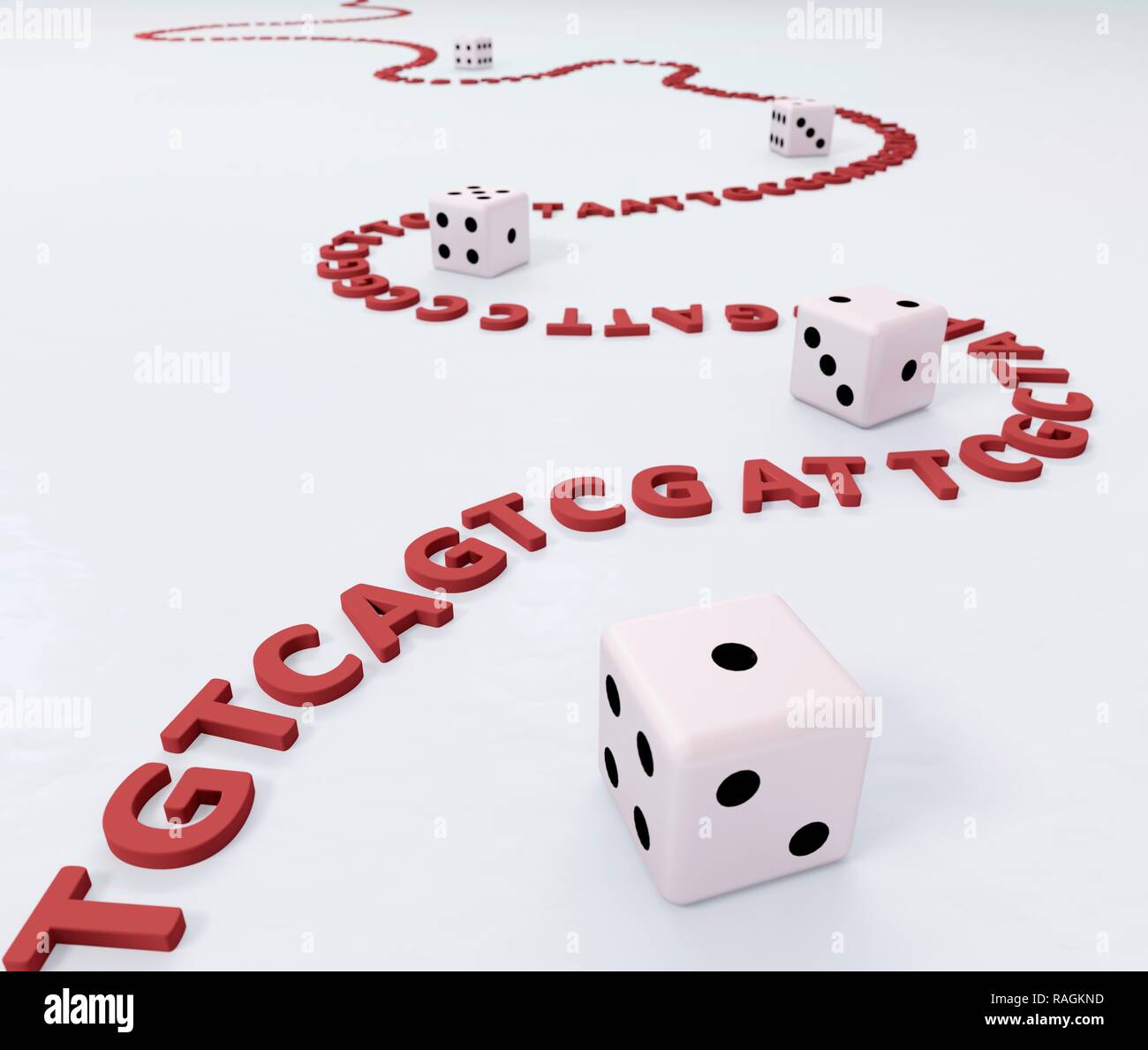 Stringa di lettere di DNA curling intorno a dadini, illustrazione del computer. Foto Stock