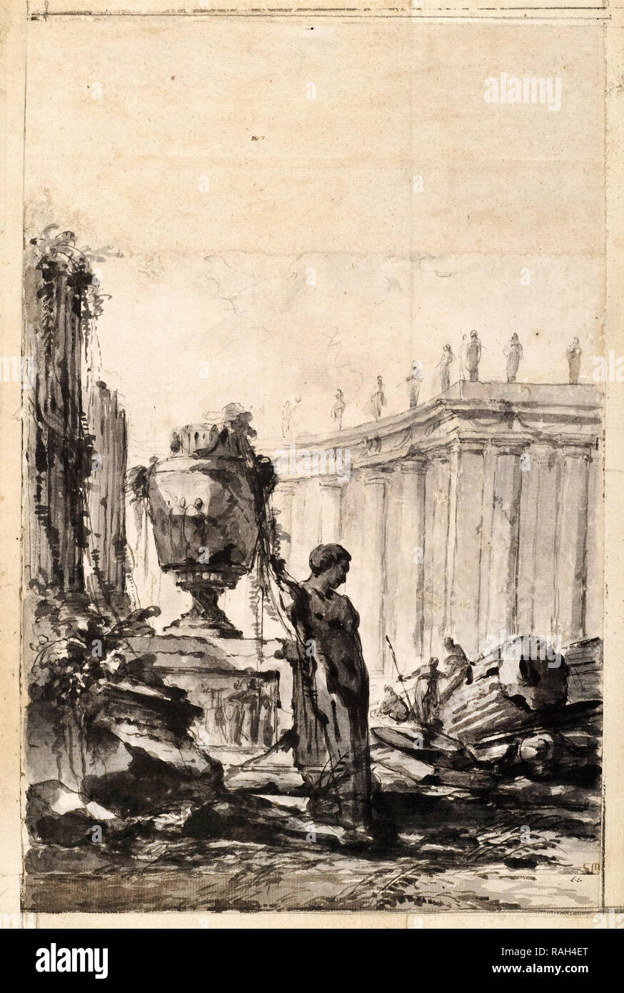 Louis-Joseph Le Lorrain, Architettonico Fantasy con vaso, Herm, e porticato, metà del XVIII secolo, disegno, Cooper Hewitt, Smithsonian Design Museum, STATI UNITI D'AMERICA. Foto Stock
