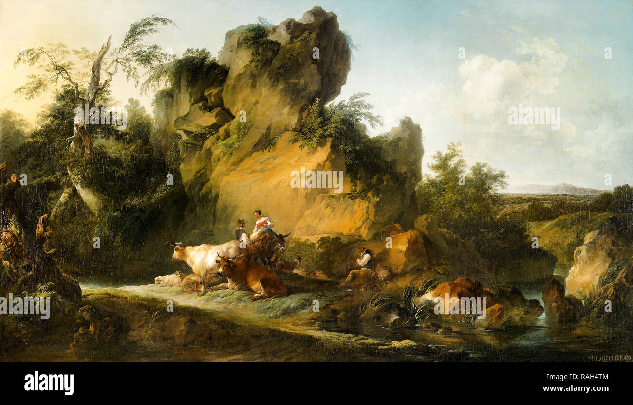 Philippe Jacques de Loutherbourg, Paesaggio con figure e animali, circa 1762-1763 Olio su tela, Walker Art Gallery di Liverpool, in Inghilterra. Foto Stock