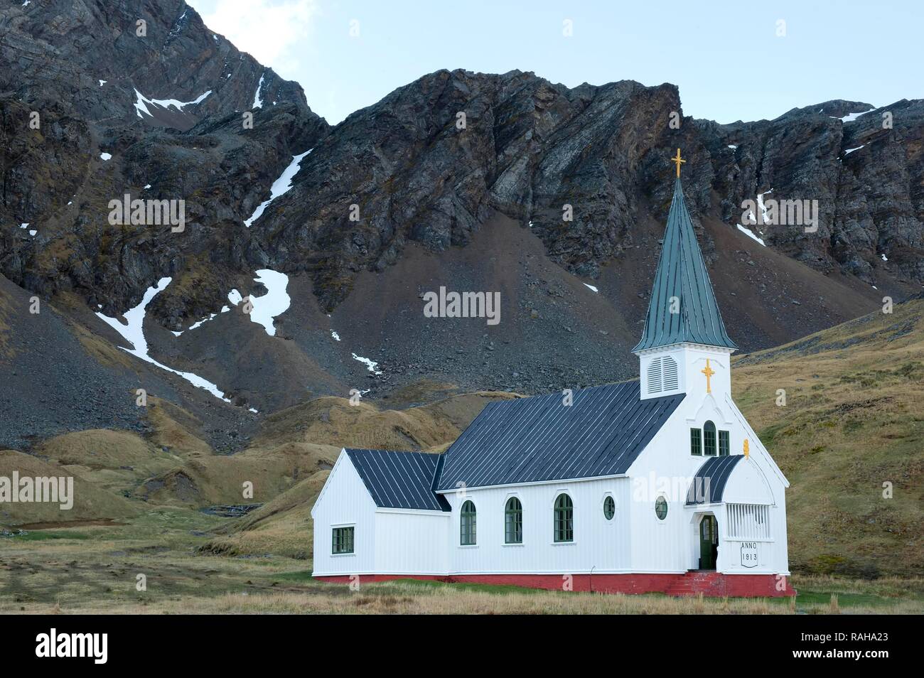 Whalers' Church, ex Grytviken Stazione Baleniera, Georgia del Sud Antartide Foto Stock