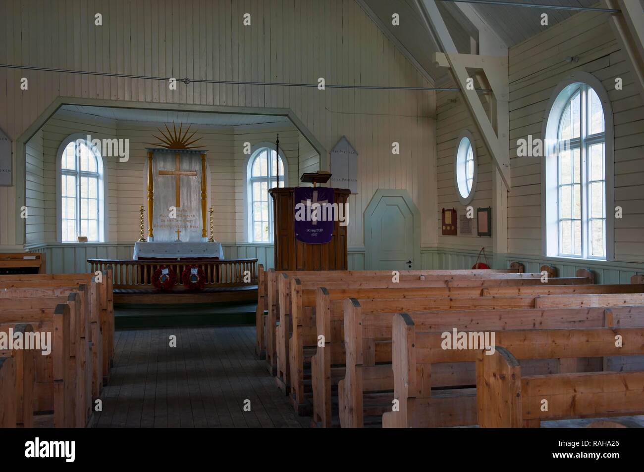 Whalers' Church, interno, ex Grytviken Stazione Baleniera, Georgia del Sud Antartide Foto Stock