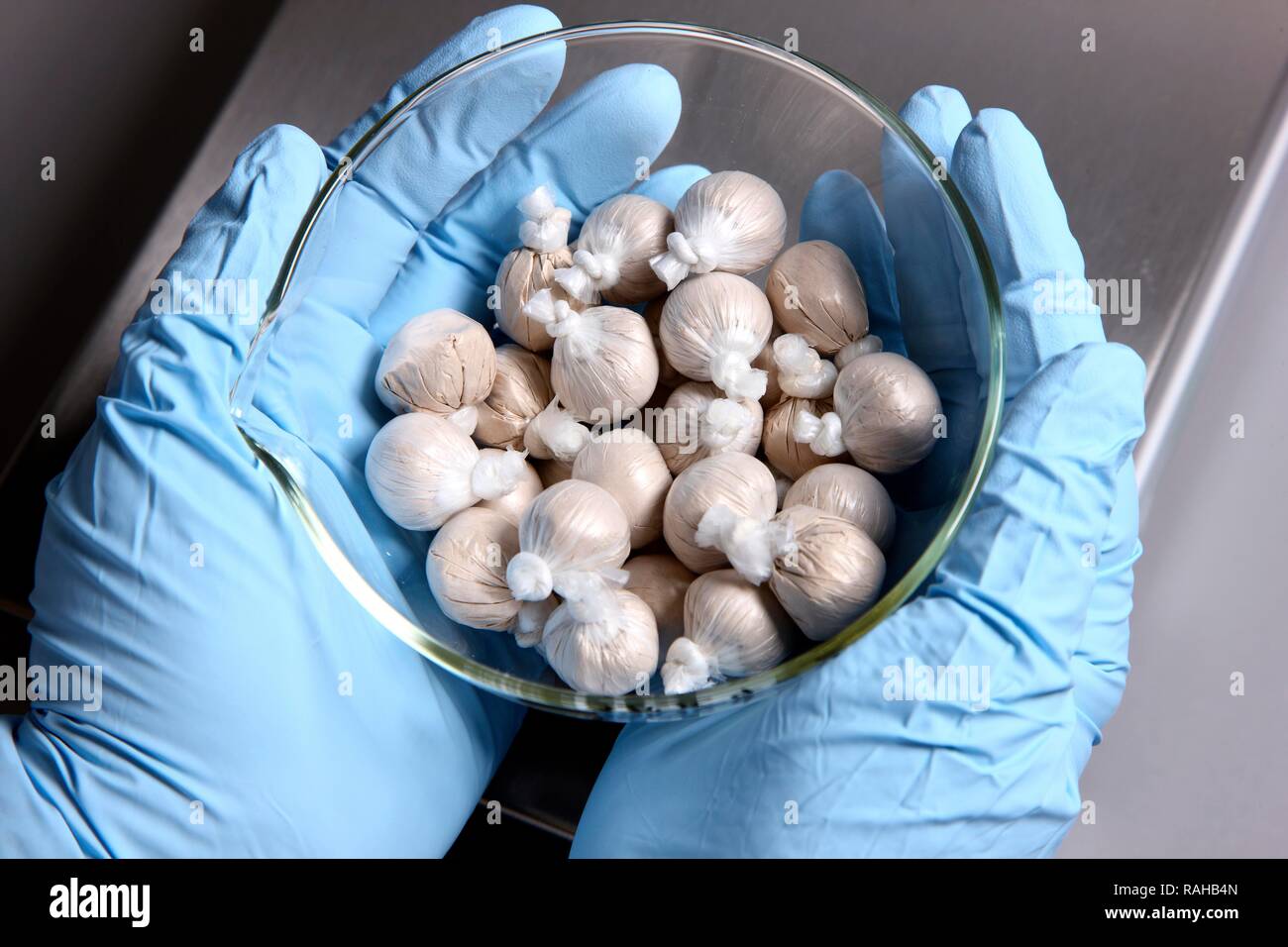 Kriminaltechnisches Institut, KTI, Forensic Science Institute, dipartimento di narcotici e tossicologia, piccoli pacchi di eroina, Foto Stock