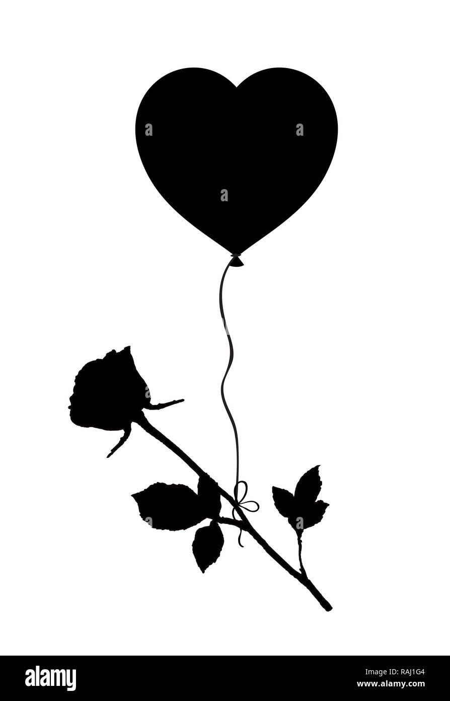 Silhouette nera di rose fiore battenti sul cuore a forma di palloncino elio isolati su sfondo bianco. Illustrazione monocromatica, simbolo segno, clip art Foto Stock