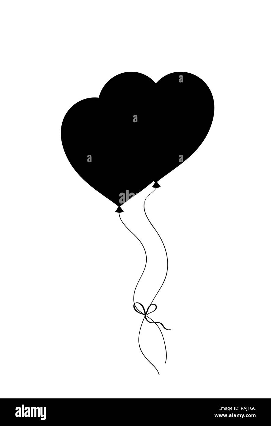 Silhouette nera della coppia delimitata a forma di cuore palloncini elio isolati su sfondo bianco. illustrazione, icona, logo, clip art, elemento di arredo, symbo Foto Stock