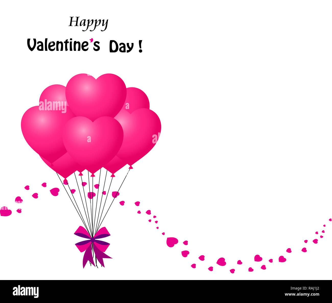Felice il giorno di San Valentino biglietto di auguri con il mazzetto di rosa a forma di cuore palloncini avvolto con prua festosa e coriandoli ondata fatta di piccoli cuori con spac Foto Stock