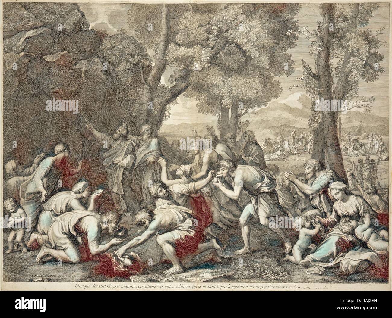 Mosè che colpisce la roccia, dopo la stampa di dipinti di Nicolas Poussin, Baudet, Etienne, 1638-1711, Poilly, Nicolas de reinventato Foto Stock
