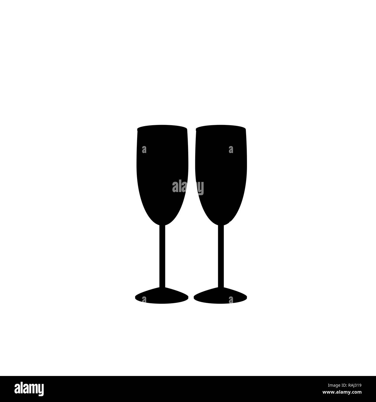 Silhouette nera del giovane di champagne o di bicchieri di vino isolato su sfondo bianco. Illustrazione monocromatica di due bicchieri di champagne. Icona Cheers. F Foto Stock