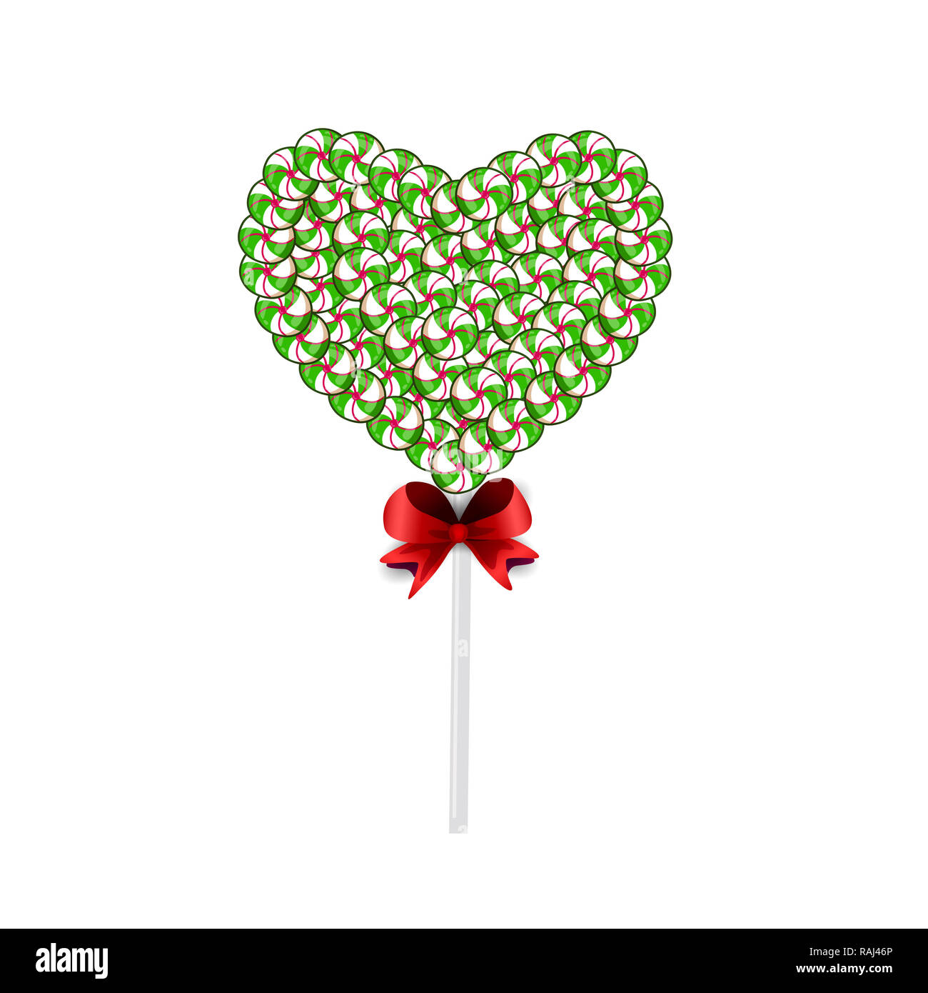 Verde e bianco cuore lolipop fatta di dolci e caramelle e delimitata con fiocco rosso isolato su sfondo bianco. illustrazione, icona, clip art. Foto Stock